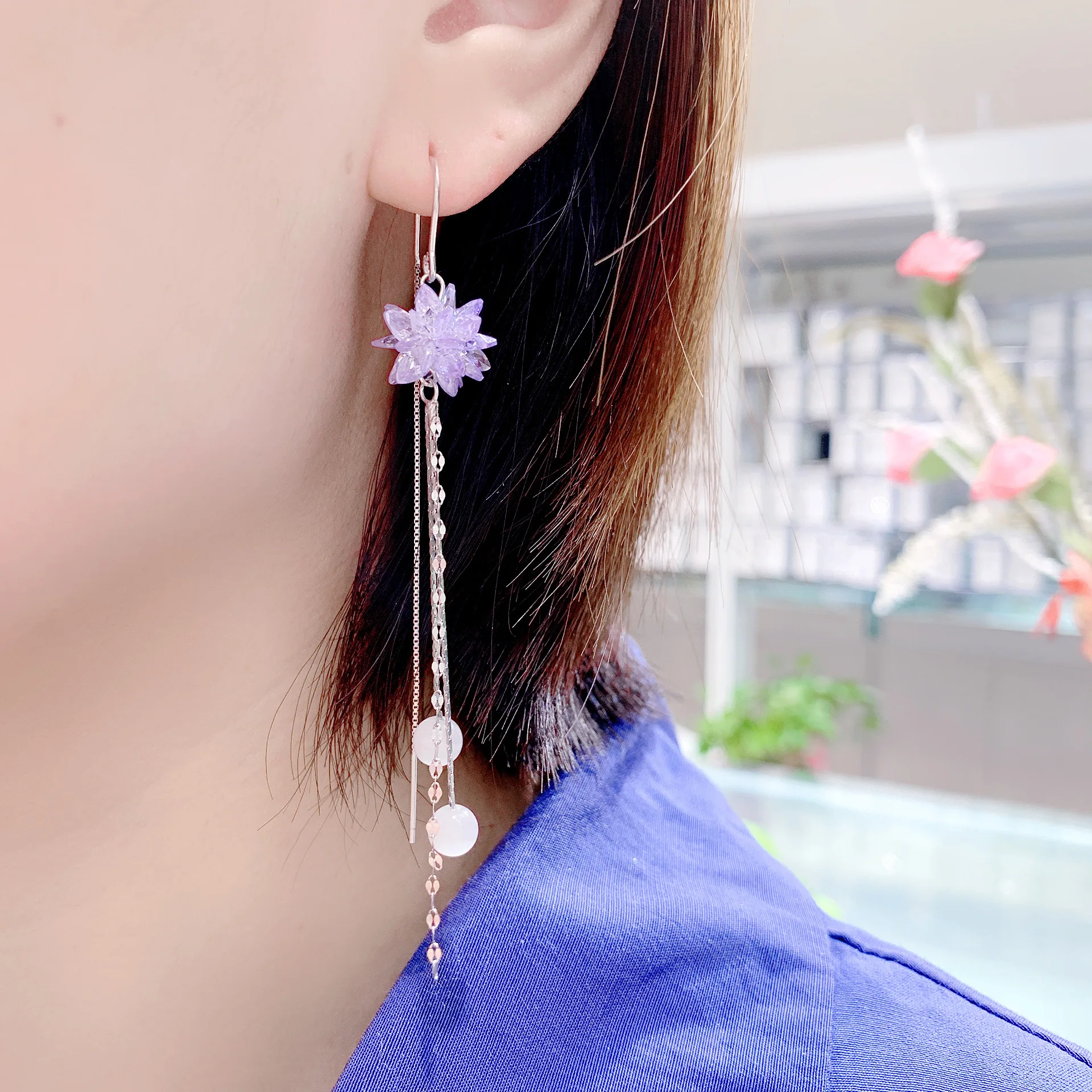 

Viwisfy 100% Real 925 Sterling Silver Drop Earrings For Women Long Tassel White Opal Beads Crystal Dangle Earrings Girl VW21334