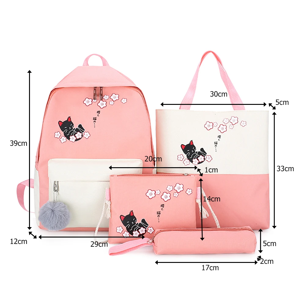 

4pcs/Set Cute Cat Women Backpacks new Canvas Travel School Rucksack Teenager Girls Students Shoulder Bags mochila infantil