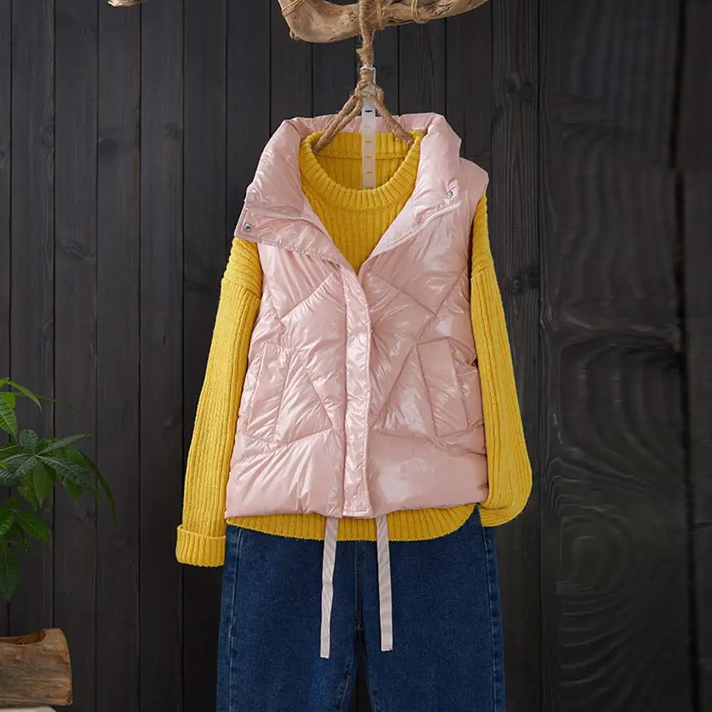 

2020 New Stand Collar Short Vest Women Winter Vests Cotton Padded Jacket Sleeveless Female Shinny Winter Waistcoat