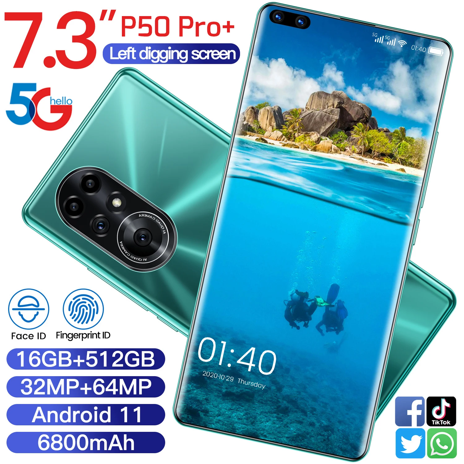 

Global Version P50 Pro+ 7.3Inch Cellphone 16+512GB 6800mAh MobilePhone Support Face ID Fingerprint Unlock 5G Network Smartphone