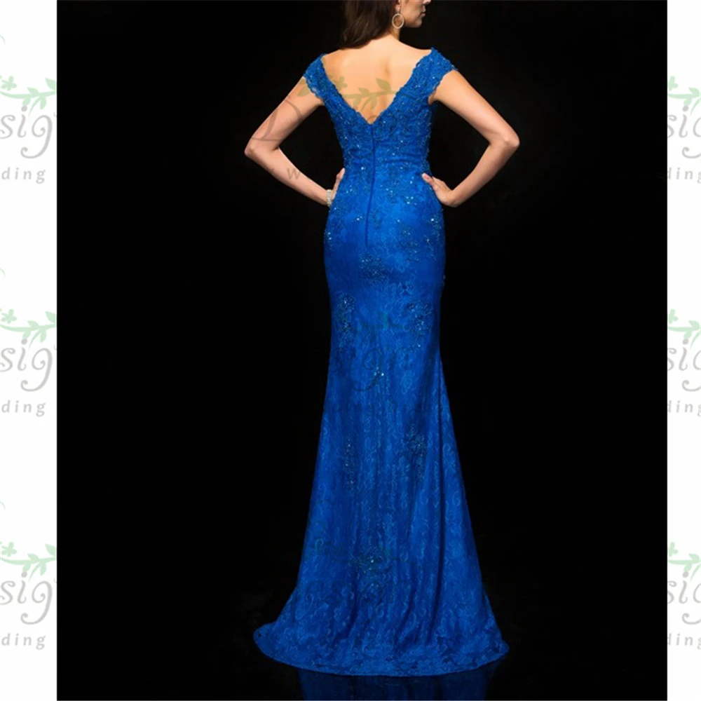 

Exquisite Blue Lace Sheath V-Neck Beading Sweep Train Dresses Women Plus Size Casual Dresses Women Plus Size Custom-Made