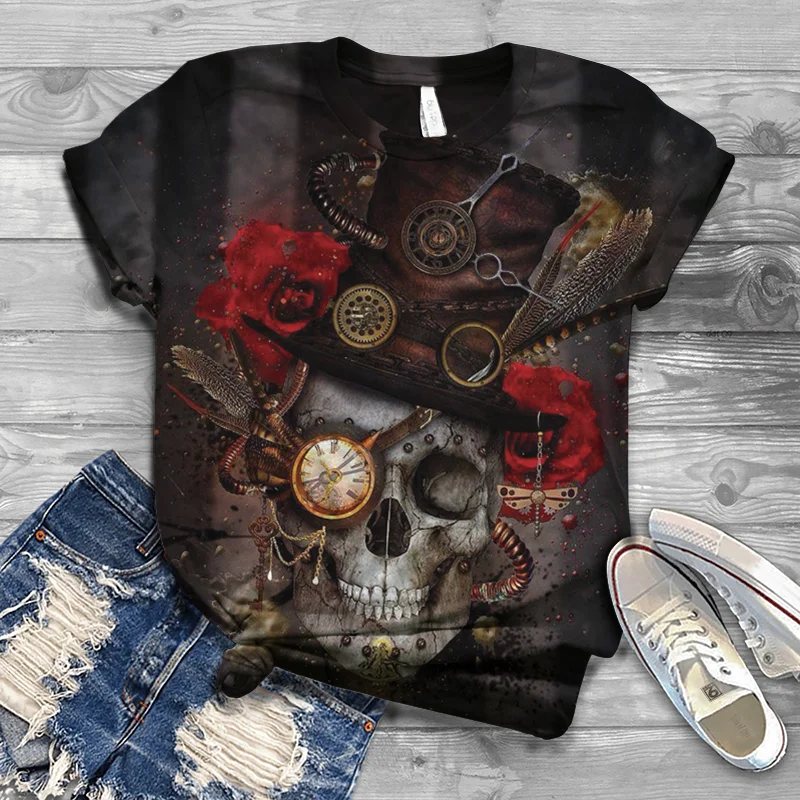 

Summer new style European and American casual style 3D printing women's skull head ladies fashion all-match street popular T-shi