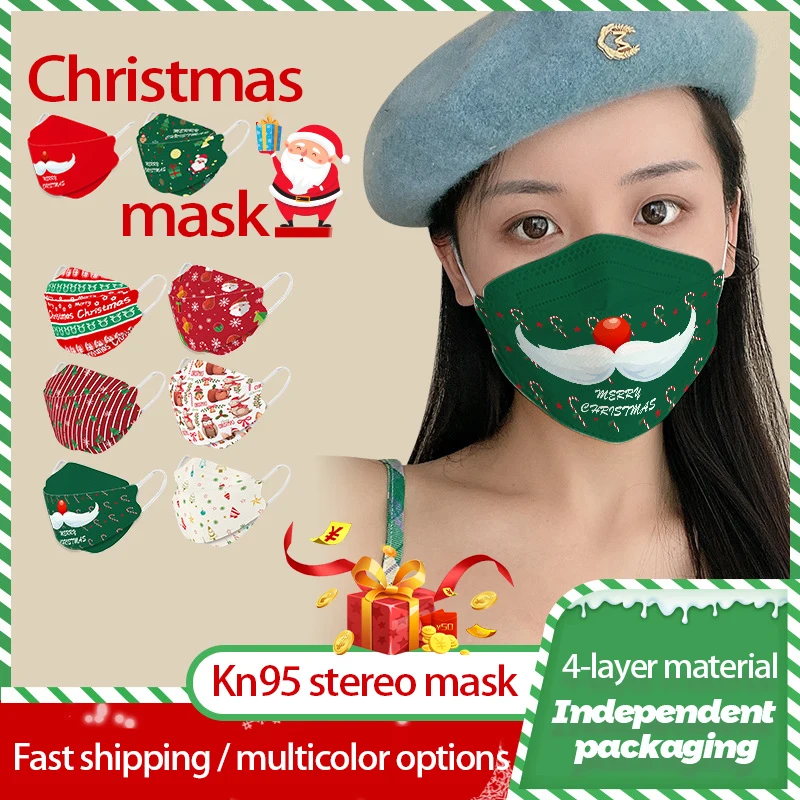

10Pcs/bag Christmas KN95 Mask 4 Layers Dust Respirator Reusable Fashion Santa Claus Printed Halloween Party Mouth Mascarillas