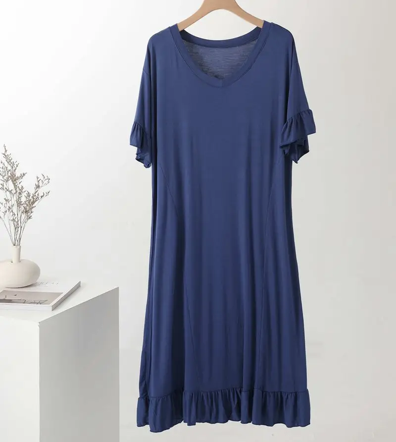 2021New Summer Modale Women's Nightdress V-neck Dress Women's Korean Thin Solid Medium Length Knee Nightgown Home Wear Sleepwear