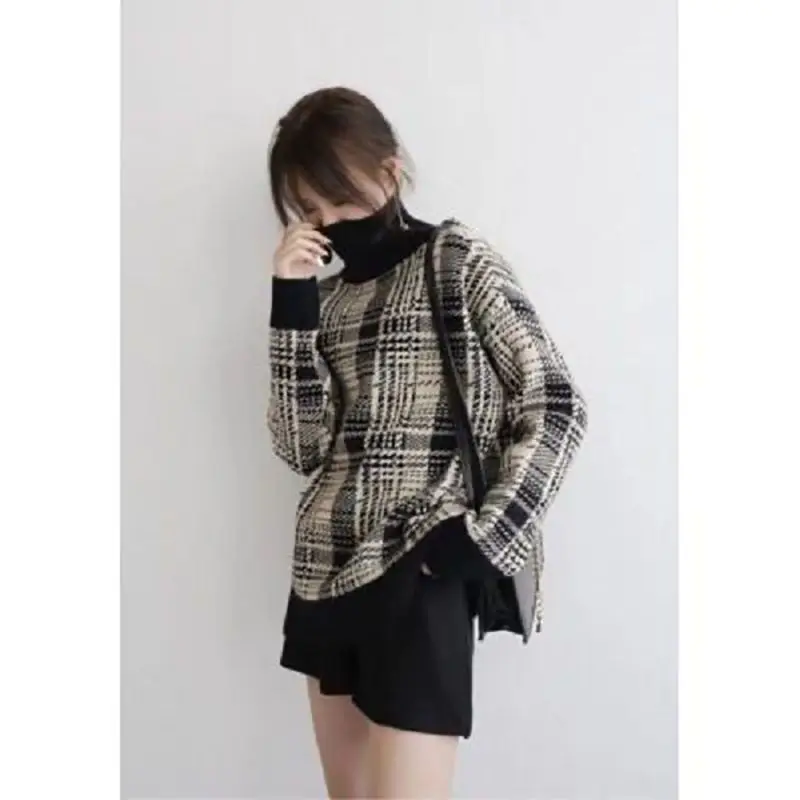 

Plaid sweater women's autumn and winter new style high collar retro Hong Kong Style lazy knitwear Jacket Women's Pullover bottom