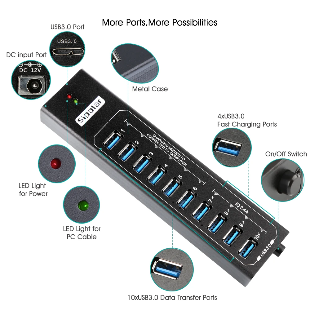 Sipolar Metal 10 портов usb 3,0 концентратор с 12V3A адаптер питания 2.4A usb зарядное устройство концентратор usb зарядная станция для ПК телефона ноутбука
