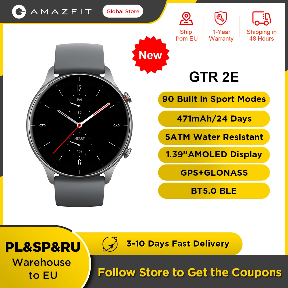 Get Global Version Amazfit GTR 2e Smartwatch 2.5 D Glass 90 Sports Modes Alexa Built-in 5 ATM Smart Watch for Andriod IOS