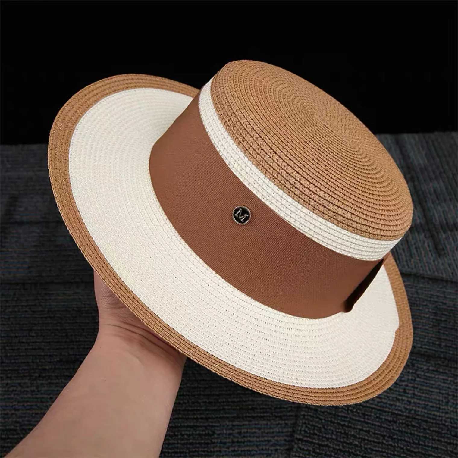 

New Fashion Women Short Wide Brim Straw Hat Sun Protection Color Matching Flat Boater Hat Summer Beach Ladies Derby Holiday Cap