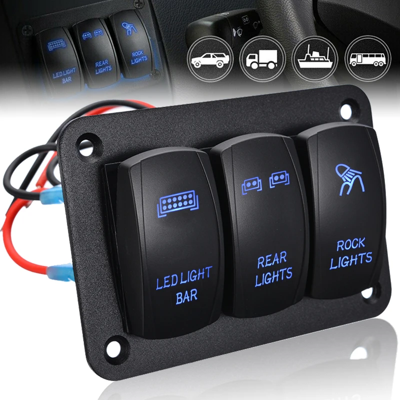 3 Gang кулисный переключатель Панель 12V 24V ON/Off Управление синий светодиодный