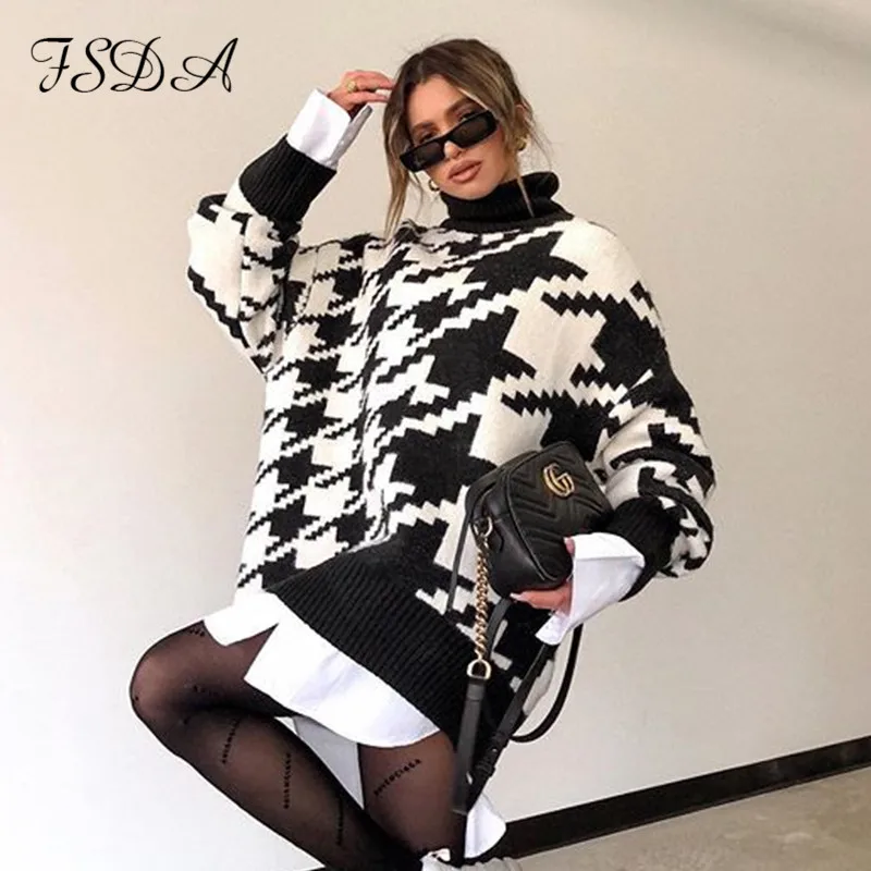 

FSDA Long Sleeve Autumn Winter Oversized Sweater Dress Women Turtleneck Black Casual Knit Mini Houndstooth Sexy Party Dresses