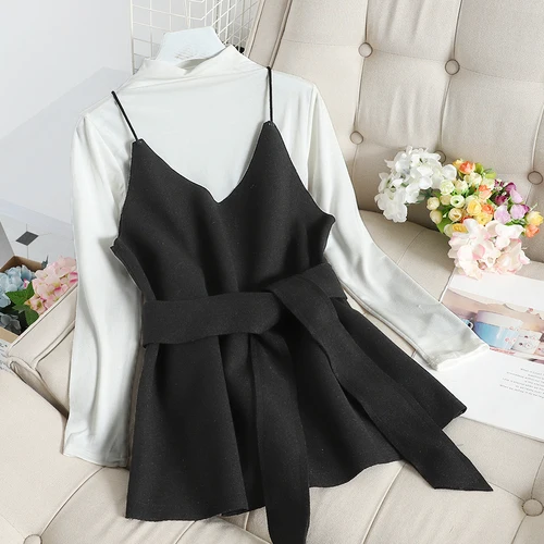 white black Neploe/комплект из 2 предметов в Корейском стиле пуловер с высоким воротником и длинными рукавами+ шерстяной жилет на шнуровке для женщин, элегантный комплект из 2 предметов, 54861 - Цвет: white black