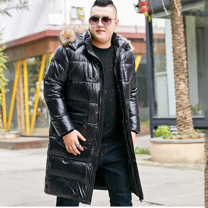 

Зимнее супер длинное блестящее теплое пальто с капюшоном большого размера, мужская куртка выше колена, Экстра размер 10XL, черная куртка, зимн...