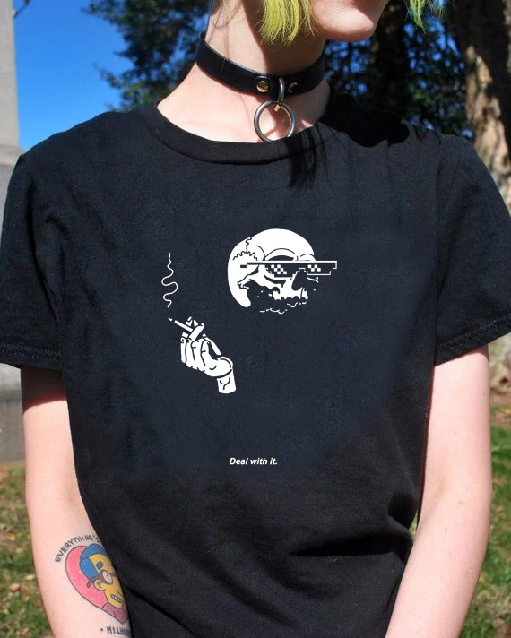 Футболка в готическом стиле с надписью deal with it 100% хлопок забавная хипстерская