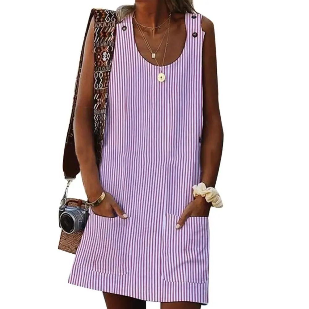 Фото Повседневное женское летнее платье без рукавов в полоску свободное мини-платье с
