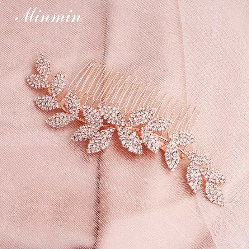 Уникальные свадебные гребни Minmin в форме листа с кристаллами Rosegold стразы