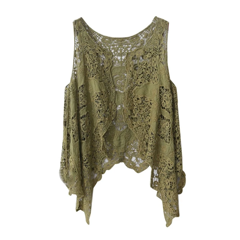 

Women Summer Sleeveless Open Front Cardigan Boho Hollow Out Crochet Lace Solid Color Vest Drape Asymmetrical Hem Hippie Shawl Up