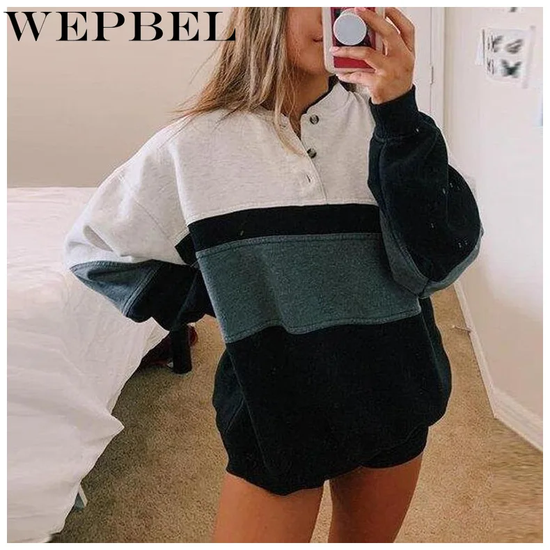 

WEPBEL 2021 Spring Autumn Women Elegant Patchwork Fleece Hoodies Sweatshirt Ladies Loose Long Sleeve Button Pullover Top