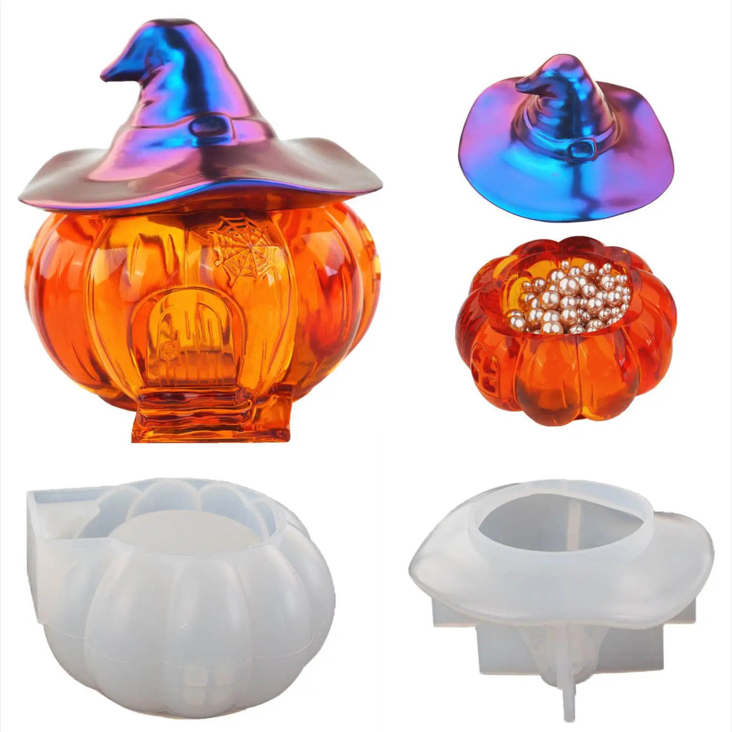 Halloween Witch Resin Mold Candy Box Storage Silicone Mold Jewelry Box 3D Pumpkin Shape Box with Lip for Making Resin Art Molds