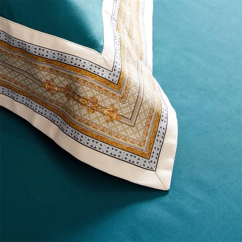 

Digital satin Bedding Set Long-staple cotton Bed Set sky blue Splicing edge Duvet Cover Set Bed Sheet Pillowcase Queen King size