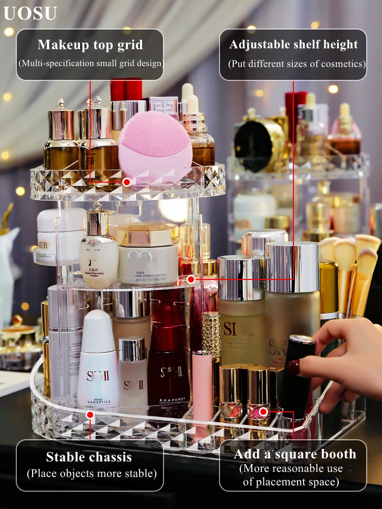 UOSU 360 Degree Rotation Make Up Organizer Box Cosmetic Transparent Fashion Spin Multi-Function Detachable Acrylic | Дом и сад