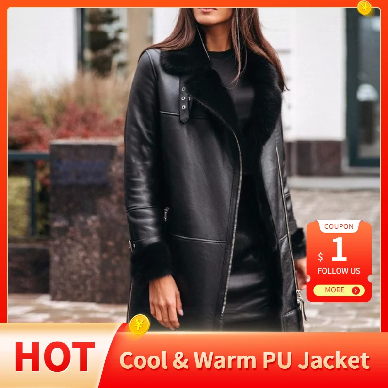 Фото Женская зимняя модная теплая куртка из искусственной кожи Черное длинное пальто