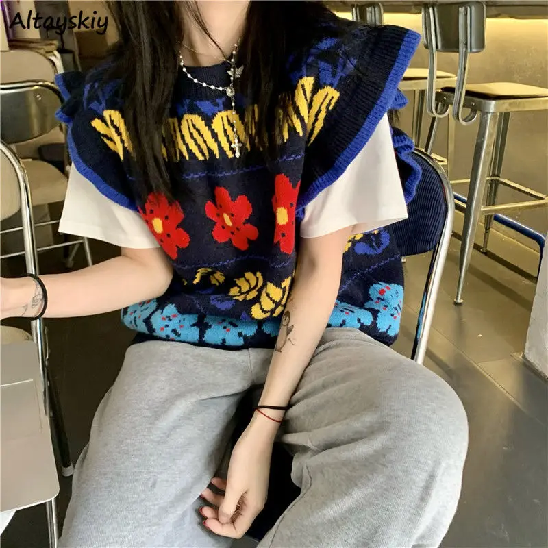 

Sweater Vests Women Autumn Loose Stylish Retro Ruffles Female Knitting Minimalist Harajuku Student Floral Pattern Basic Korean