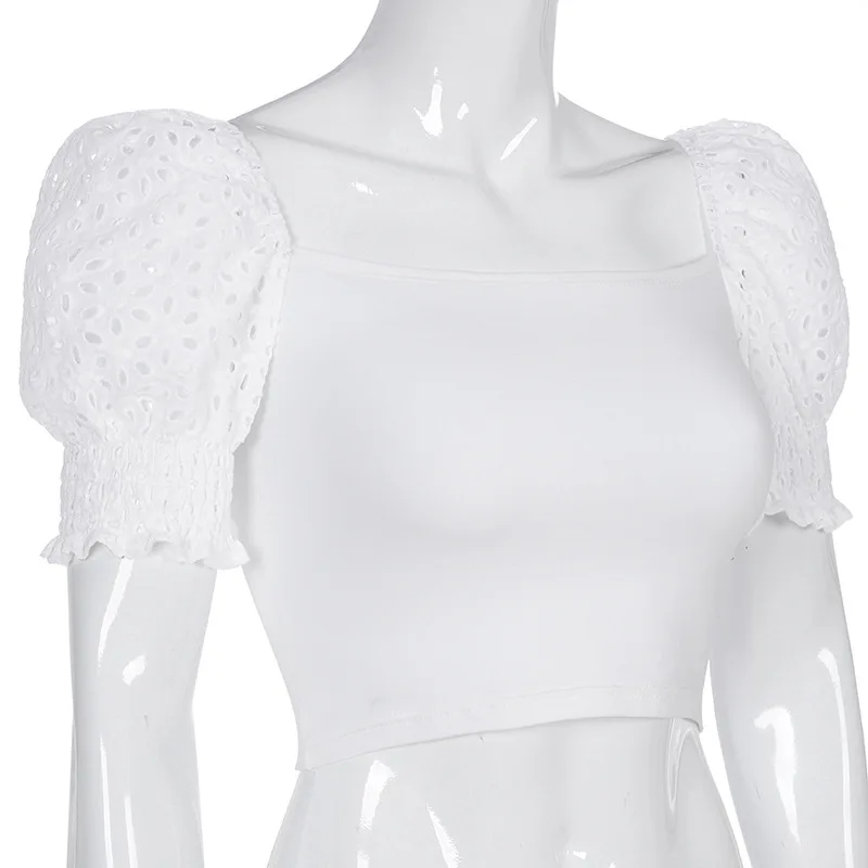 

Summer women's fashion lace stitching puff sleeve short T-shirt women