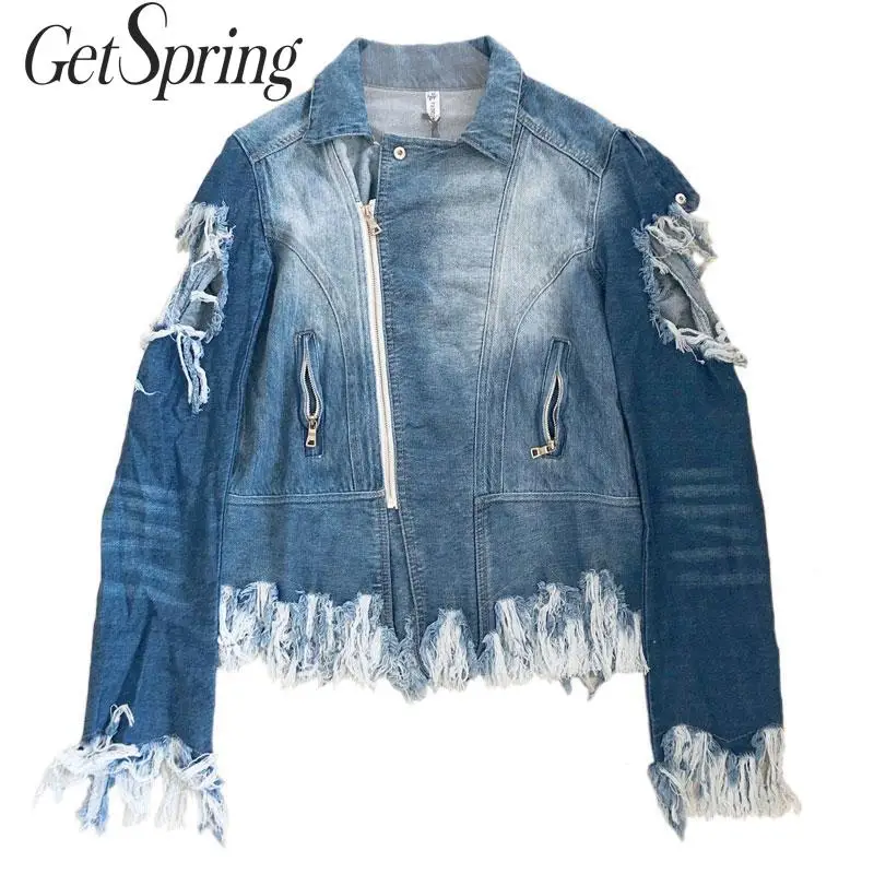 GetSpring женское джинсовое пальто синяя джинсовая куртка женские джинсовые куртки с