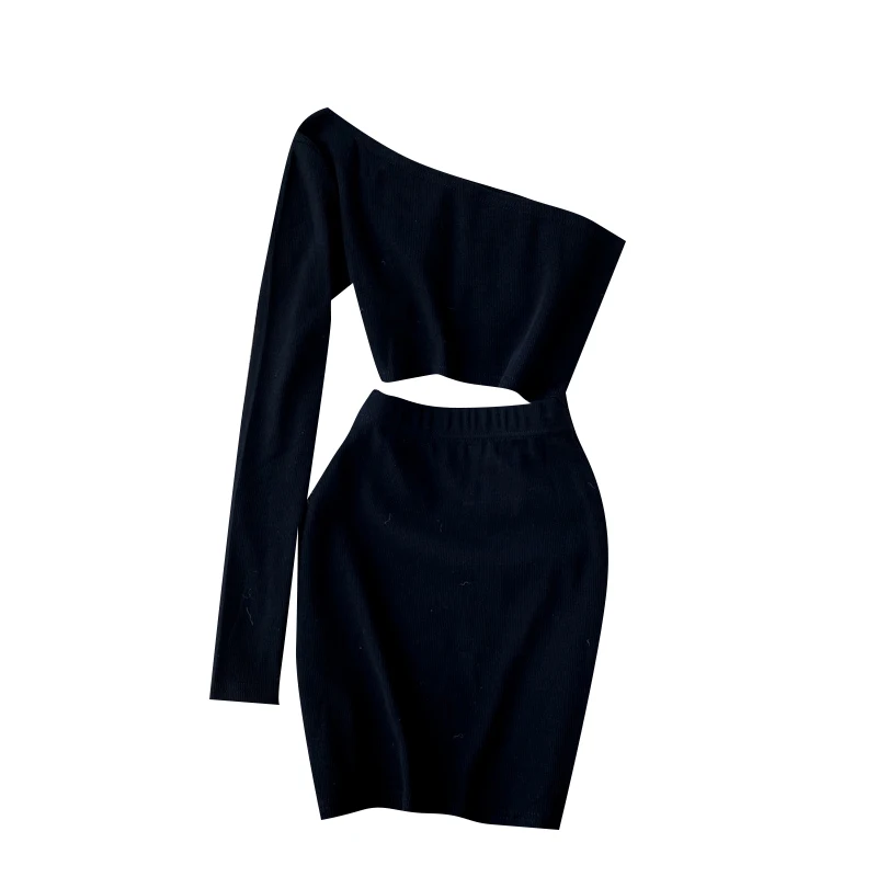 

Spring Autumn Sexy Skew Collar Black Bodycon Mini Dress Women Elegant Hollow Out One Shoulder Vestidos 2021 Female New Fashion