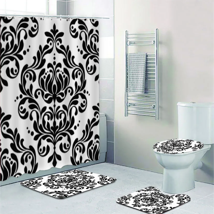

Classy Black White Damask Ornament Shower Curtain Set for Bathroom Abstract Flower Floral Leaf Bathroom Curtains Rugs Home Decor