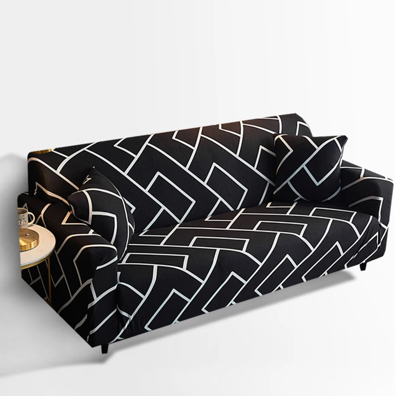 

Printed Stretch Sofa Cover For Living Room Chaise Longue,Anti-Skid Soft Washable,1 2 3 4 Seater,Creative Black Geometric Pattern