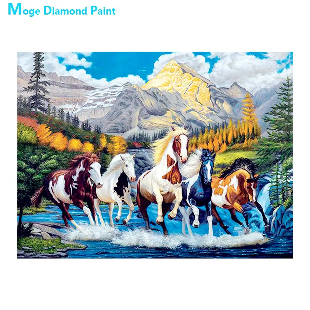 

Животное Лошадь алмазная живопись долина снег гора река круглая полная дрель Nouveaute DIY мозаика вышивка крестиком живописный