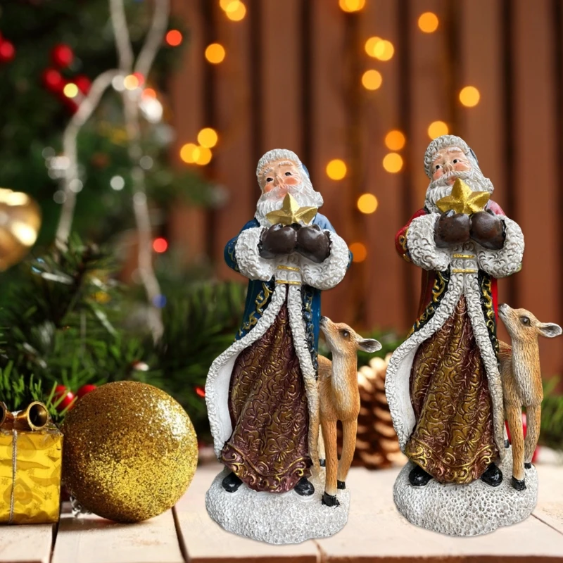 

Christmas Santa Claus Figurine with Deer Holding Star Resin Statue Desktop Decor
