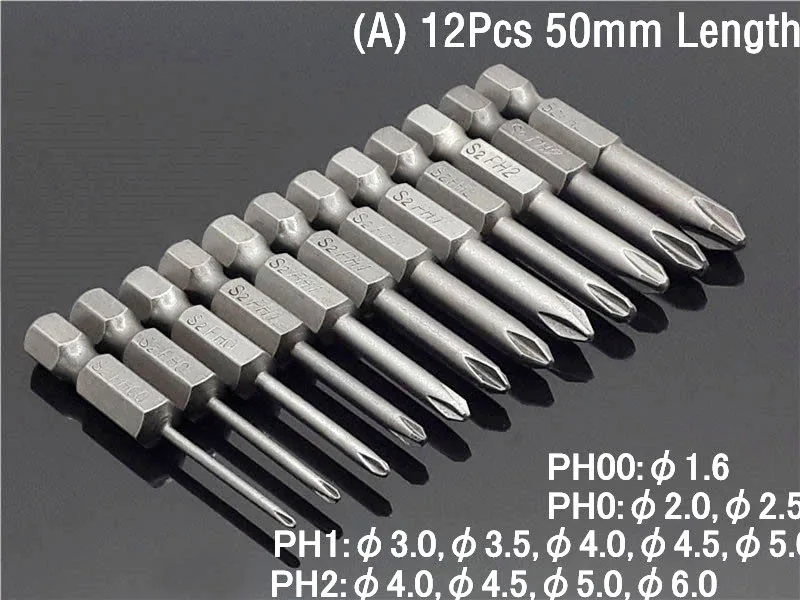A. 12Pcs 50mm Length Набор из 12 шт., 50 мм, 1/4, шестигранный хвостовик, крестовая головка, отвертка, биты, Phillips, Электрический драйвер, ручные инструменты, Магнитная отвертка, сверло S2 - Цвет: A. 12Pcs 50mm Length