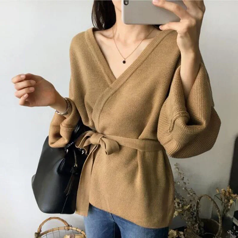 

2021 Fashion Women's Korean Style Loose Thick Cardigan Sweater Autumn Winter Streetwear V-Neck Sashes Bow Woman Jacket Top