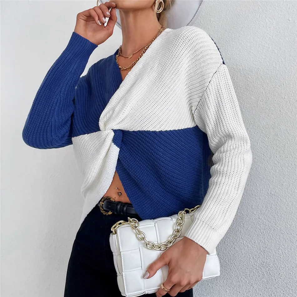 

Color block casual kinked stitching women sweater v neck Splicing straight female knit pullovers autumn Za blue White jumper 202