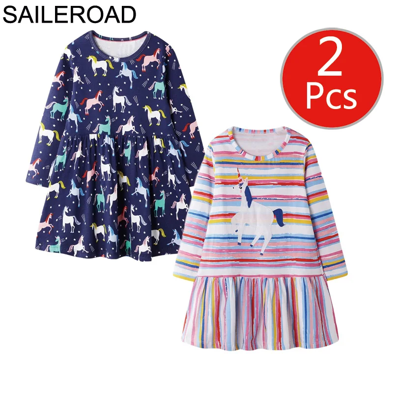 7077 7079 photo SAILEROAD 2шт. Животные Аппликации Девушки с длинным рукавом платье 7 лет Одежда для девочек Элегантное платье для девочек Платья для вечеринок Платье единорога - Цвет: 7077 7079 photo