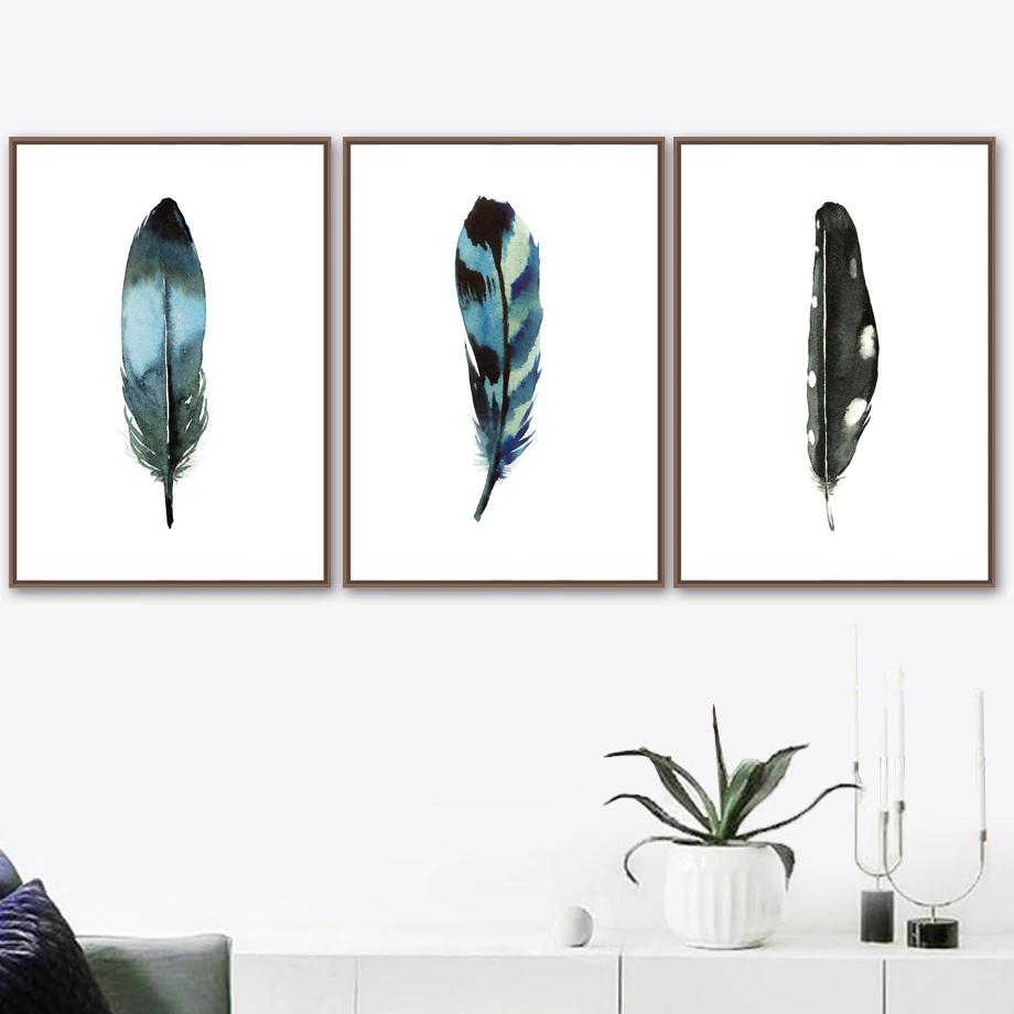 

Wall Art Canvas Hand Painted Blue Feather MinimalistPainting Nordic Posters And Prints Art Wall Pictures For Living Room Decor