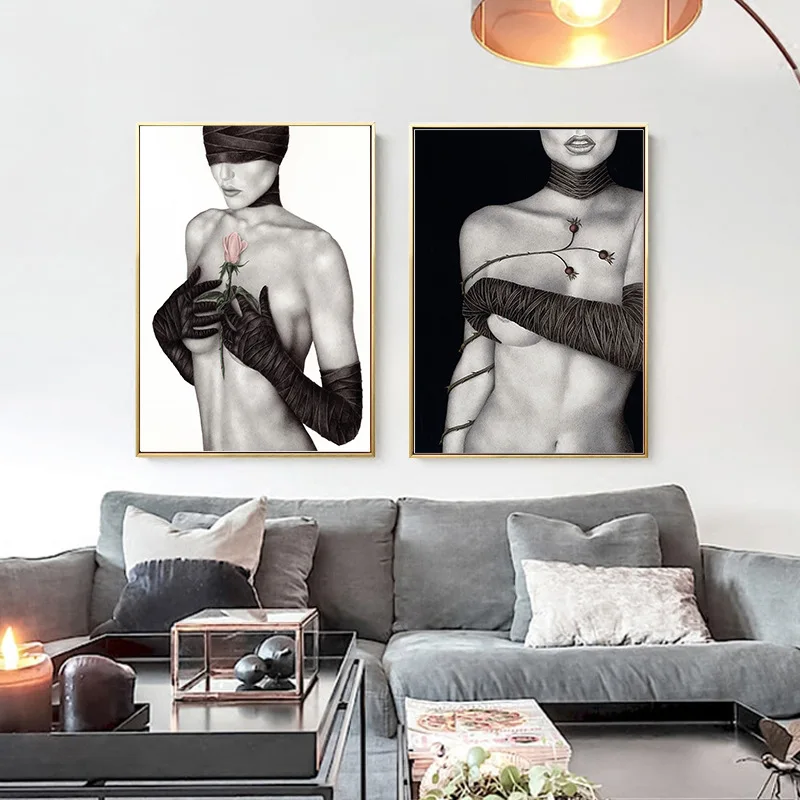 Новый простой черно белый Портрет Искусство Ручная роспись тело красота Роза