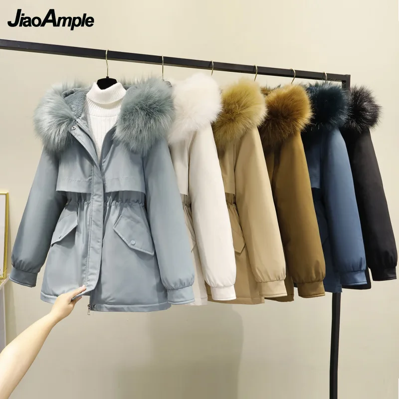 Winter Warm Fleece Thick Down Jacket Women 2021 Korean Lady Graceful Fur Collar Hooded Zipper Shirring Coats Solid Parka Outwear