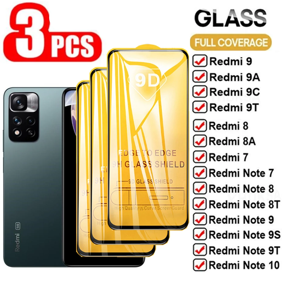 

3PCS 9D Full Cover Tempered Glass on For Redmi Note 11 10 9 8 7 T Protective Glass Redmi 9A 9C 9T 10S Screen Protector Film Case