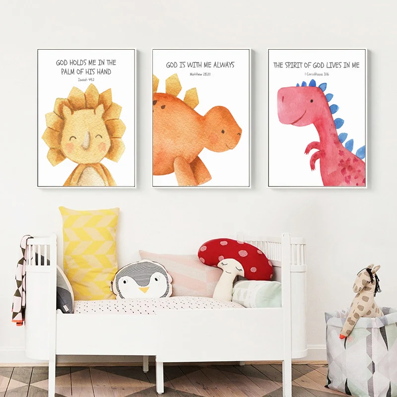 

Kids Bible Verse Wall Art Church Nursery Decor Scripture Wall Art Dinosaur Print Watercolor Animal Posters for Kid Bedroom Decor