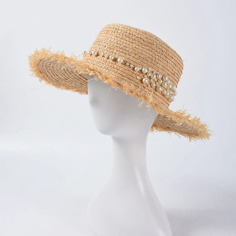 

Модные жемчужные соломенные шляпы для женщин, летняя Солнцезащитная джазовая Кепка цвета хаки, винтажная широкоугольная плоская соломенна...