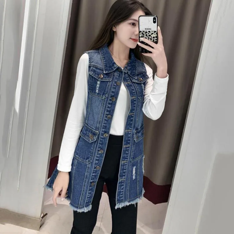 Жилет женский джинсовый средней длины повседневная безрукавка из денима в