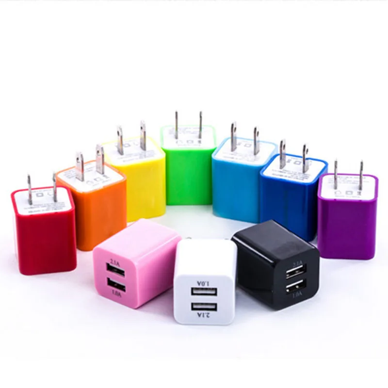 

200Pcs 10 Colors 5V 1A US/EU Plug USB Charging Dual Port AC Power Adapter For iPhone Samsung Cell Phone Home Travel Wall Charger