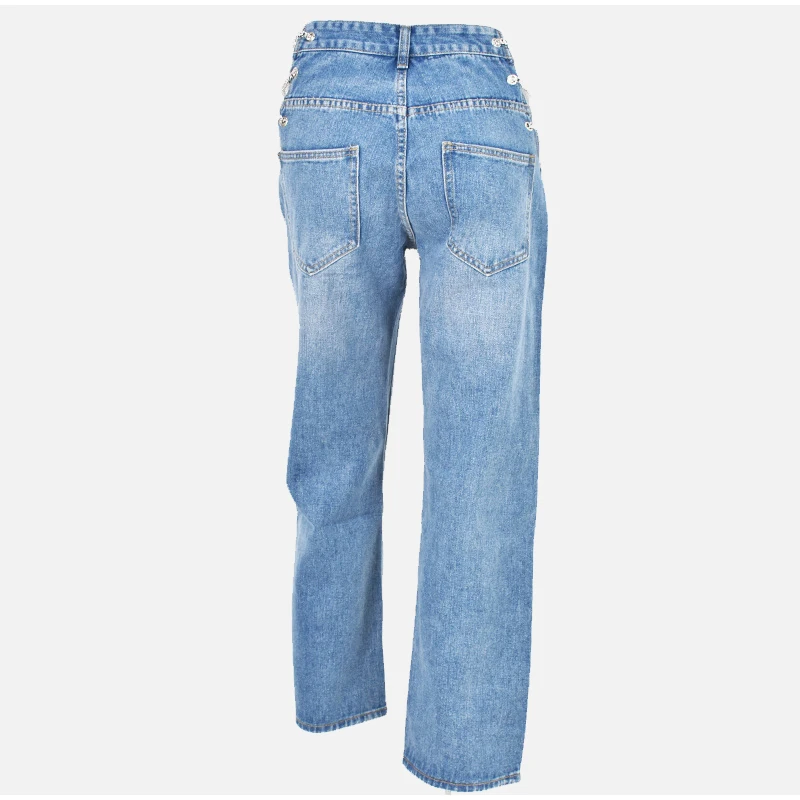 

2021 Women Summer Sexy High Waist Jeans Washed Chain Straight Side Hollow Patchwork Blue Long Pants Zipper Pocket Denim Trousers