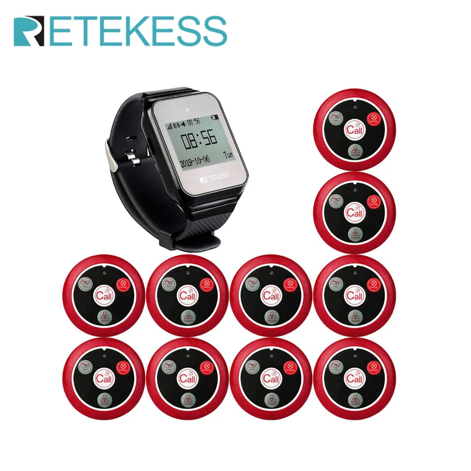 Retekess Restaurant Pager Hookah Wireless Calling System TD108 Watch Receiver+10Pcs T117 Transmitter Button For Customer Service