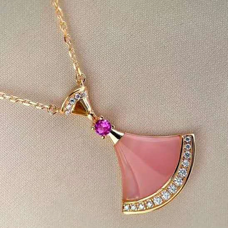 

COSYA Real 925 Sterling Silver 18K Rose Gold Red Agate White Fritillary Pink Fan-Shaped Women Pendant Necklace Gift Fine Jewelry