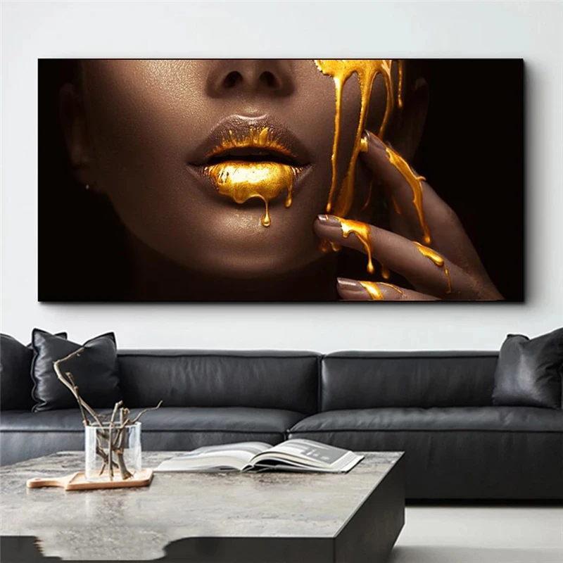 

Черное женское лицо с золотой жидкостью холст фотообои и принты картины для декора гостиной