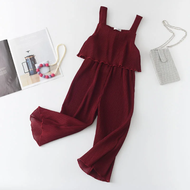 

2021 New Girls Kids Fashion Clothing Sets Summer Baby Sleeveless Chiffon Outfits Children Casual Clothes Solid Pleated Suits